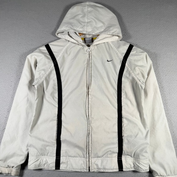 Nike Hooded Windbreaker Jacket White Black Stripe Full Zip Athletic Womens M - Picture 1 of 16